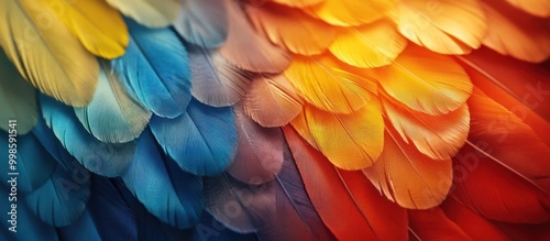 Wallpaper Mural Closeup view of vibrant colorful feathers, showcasing a gradient from blue to yellow to red. Torontodigital.ca