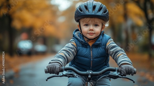 an Three-year-old boy in a blue vest and helmet riding a bike on a city street, showcasing fun and safety.