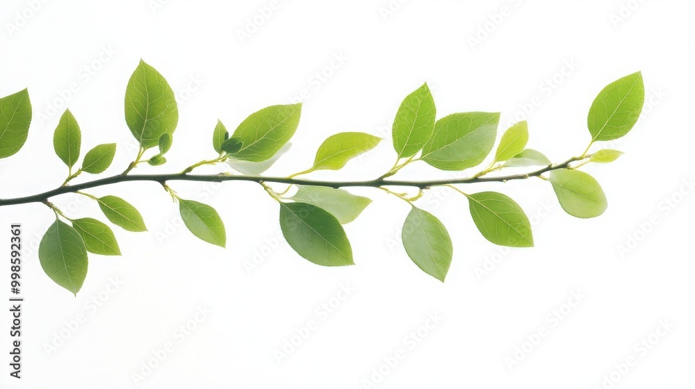 Naklejka premium Branch with fresh green leaves against a clean white background, ideal for nature-themed graphics and botanical designs