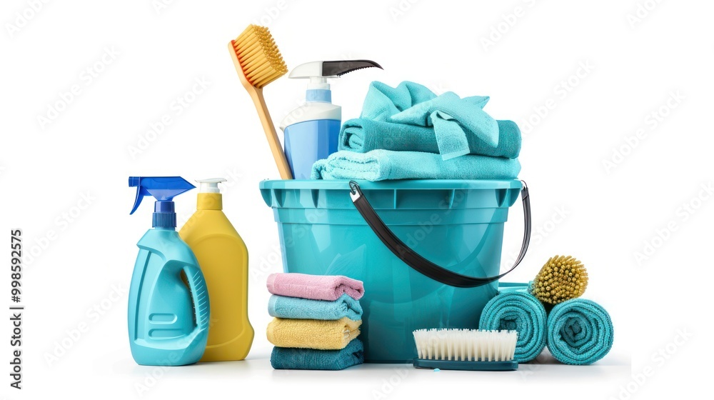 Light blue bucket and many different car wash products isolated on transparent background Light blue bucket and many different car wash products isolated on transparent background