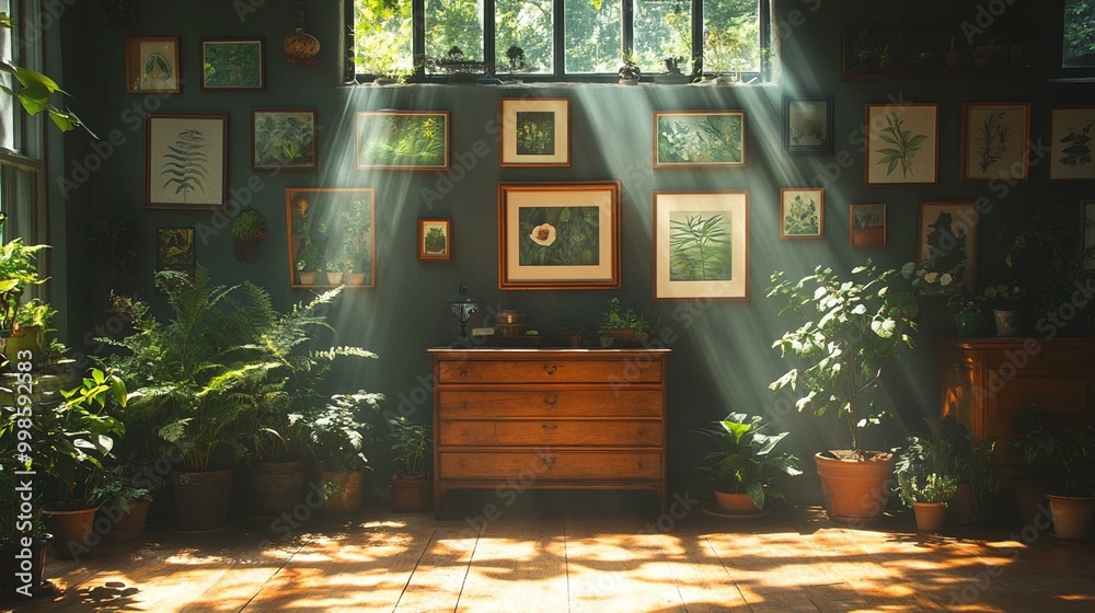 an Rustic chic gallery interior with a sunlit wooden room, antique dresser, and botanical prints. an Rustic chic gallery interior with a sunlit wooden room, antique dresser, and botanical prints.