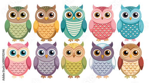 A cute cartoon owl character shown from multiple angles for kids' educational and playful materials photo