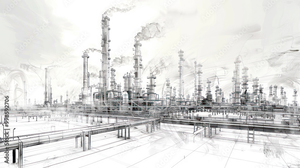 Line drawing depicting an industrial landscape featuring an oil refinery plant, representing the oil industry, with the sky depicted in a separate layer.