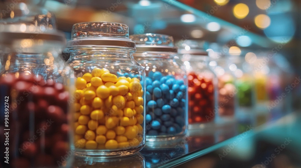 Capturing the essence of sweetness, this display of colorful capsules in glass jars is framed by a soft blur Capturing the essence of sweetness, this display of colorful capsules in glass jars is framed by a soft blur