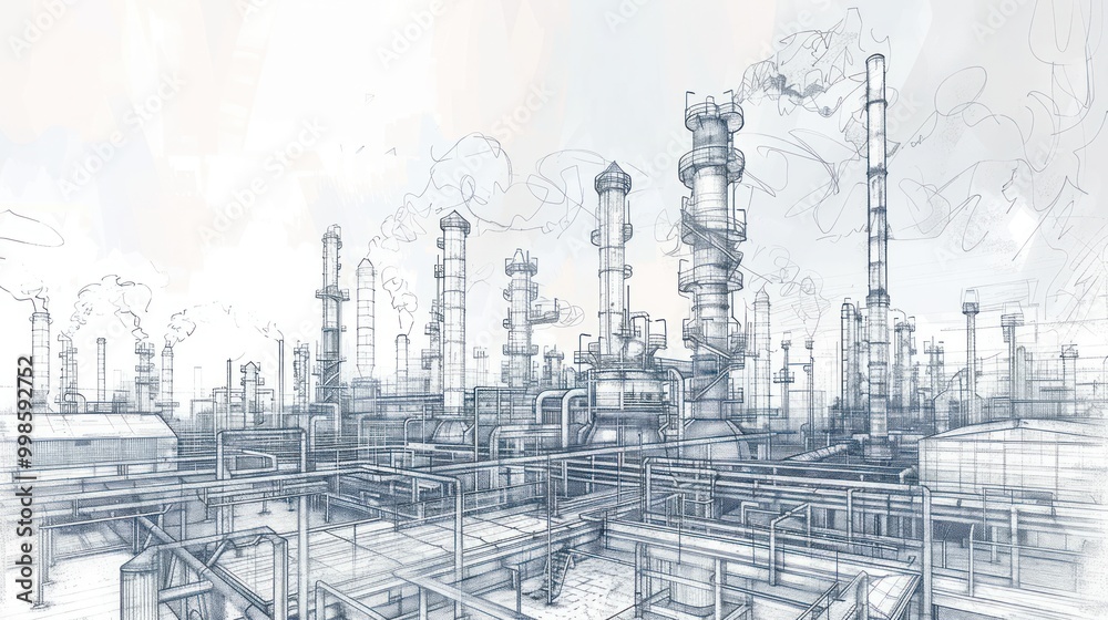 Line drawing depicting an industrial landscape featuring an oil refinery plant, representing the oil industry, with the sky depicted in a separate layer. Line drawing depicting an industrial landscape featuring an oil refinery plant, representing the oil industry, with the sky depicted in a separate layer.