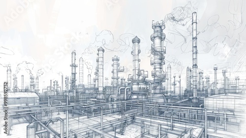 Line drawing depicting an industrial landscape featuring an oil refinery plant, representing the oil industry, with the sky depicted in a separate layer.