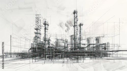Line drawing depicting an industrial landscape featuring an oil refinery plant, representing the oil industry, with the sky depicted in a separate layer.