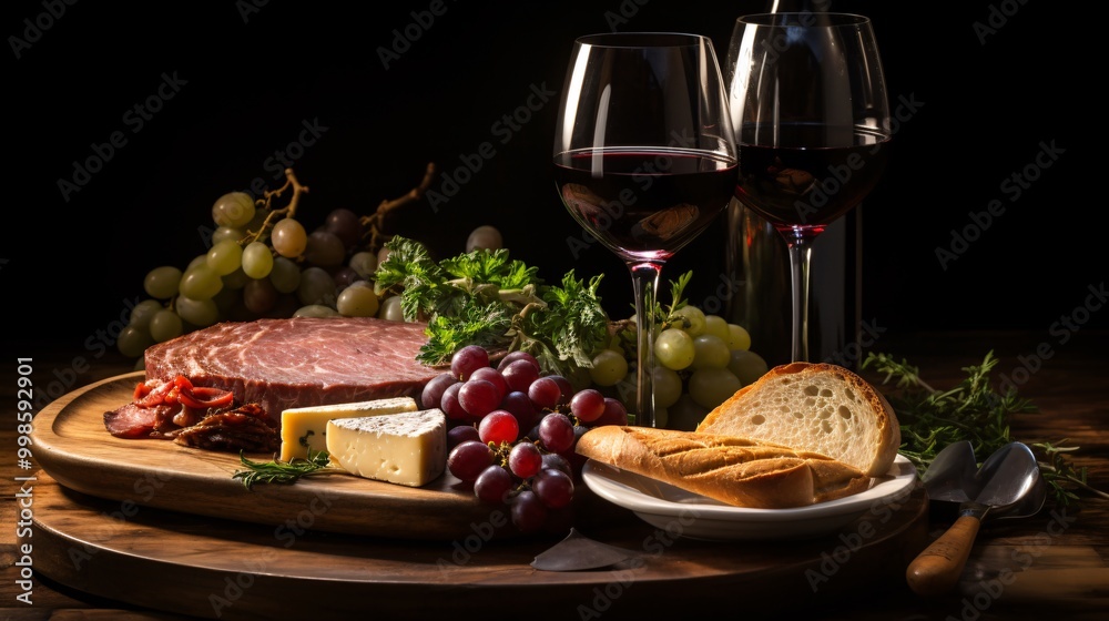 A wine glass with red wine and a gourmet meal
