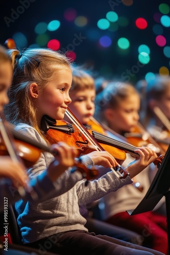 Children playing violins in an orchestra, focused and engaged, creating a heartwarming moment during a performance with colorful stage lighting in the background