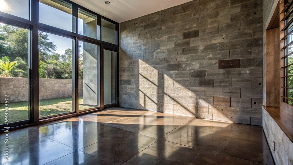 Obraz premium Spacious modern room with large windows and sunlight streaming onto the floor.