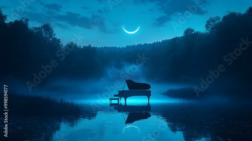 A glowing piano floats on the lake, surrounded by green mountains and forests at night