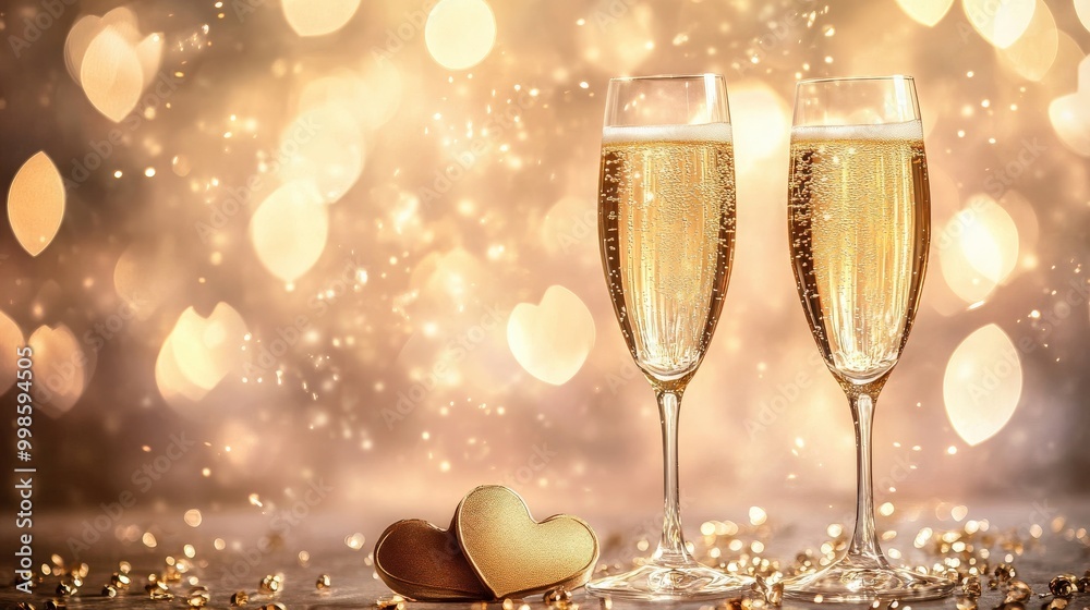 Champagne glasses sparkle with golden bubbles, elegantly positioned on a heart-patterned surface, Champagne glasses sparkle with golden bubbles, elegantly positioned on a heart-patterned surface,