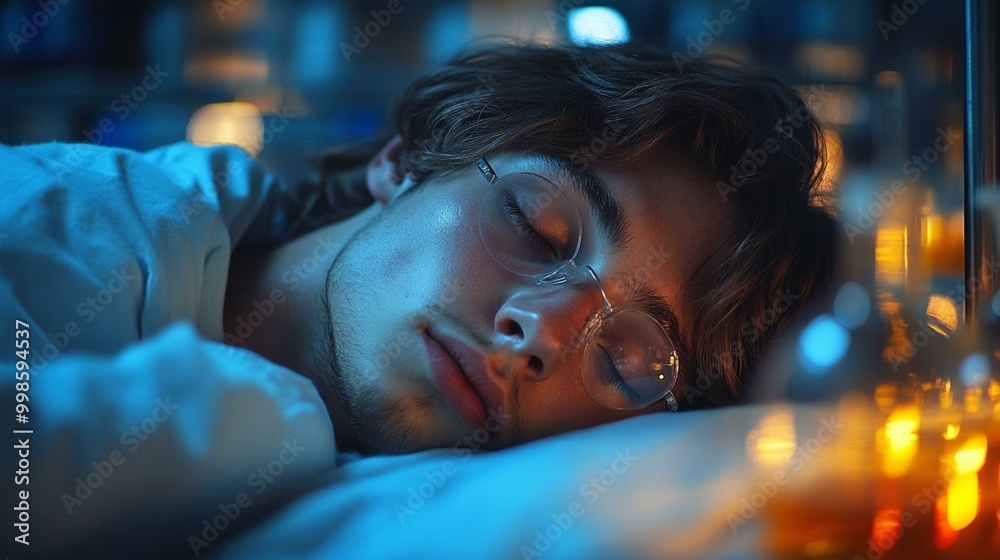 Obraz premium the Young scientist sleeping in a laboratory surrounded by chemical experiments and equipment.