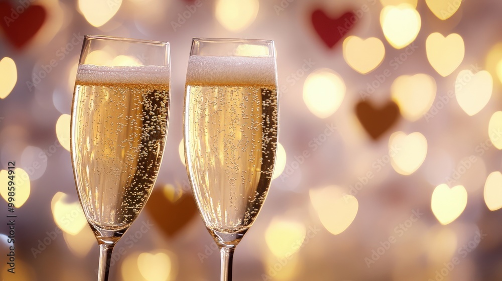 Champagne glasses with golden bubbles create a festive atmosphere, surrounded by a heart-patterned setting and soft bokeh lights, Champagne glasses with golden bubbles create a festive atmosphere, surrounded by a heart-patterned setting and soft bokeh lights,