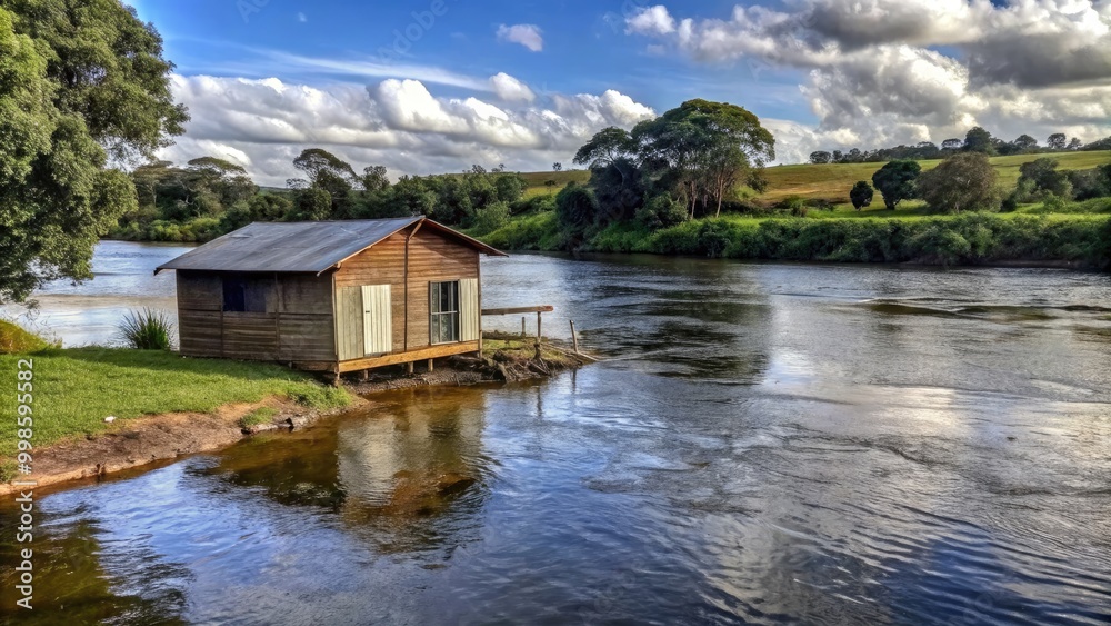 Peaceful lakeside boathouse reflecting on calm water under a cloudy sky. Peaceful lakeside boathouse reflecting on calm water under a cloudy sky.