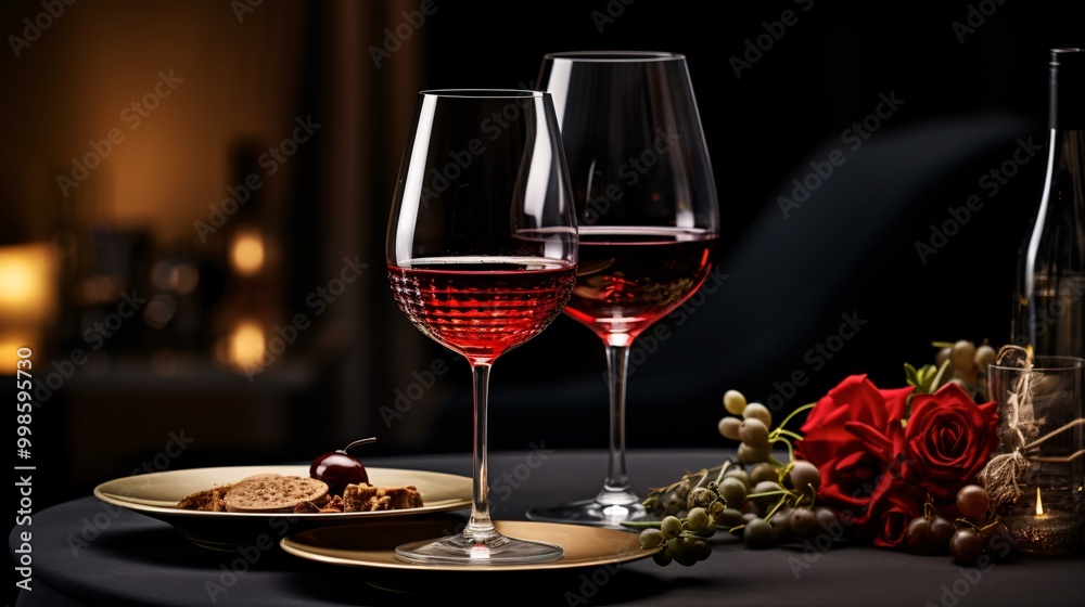 Naklejka premium A wine glass with red wine and an elegant dining setup