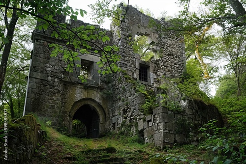 Crumbling stone castle ruins being reclaimed by nature with lush green moss and trees