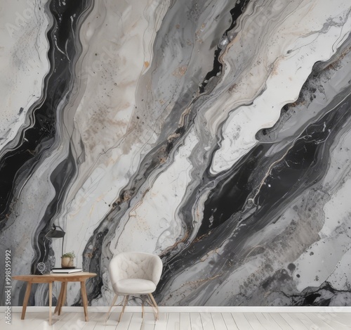 a modern living room with a marble-style wall mural featuring swirling patterns in black, white, and gray In front of the mural, there is a small wooden table with a lamp and