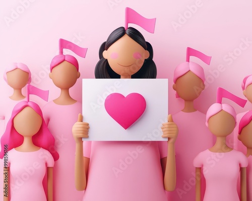 Woman holding placard with breast cancer message, 3D illustration photo