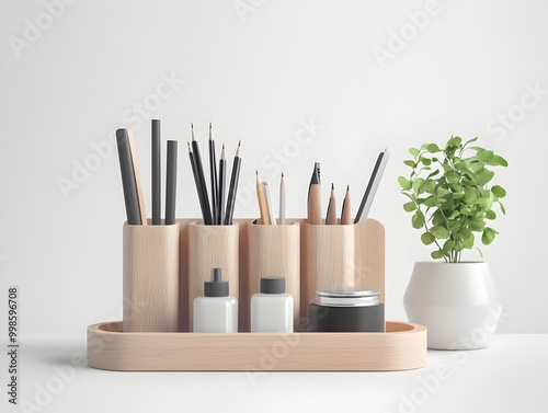 Minimalist Desk Organizer with Wooden Compartments and Office Supplies on White Background photo