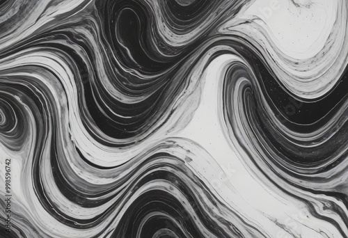 a striking abstract pattern composed of black and white swirls and curves, creating a sense of movement and dynamism