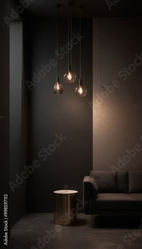 Three hanging light fixtures with glowing bulbs illuminate a minimalist living room with a dark-colored sofa and a small round table