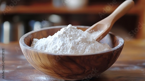 White flour in a wooden bowl with a wooden spoon. 