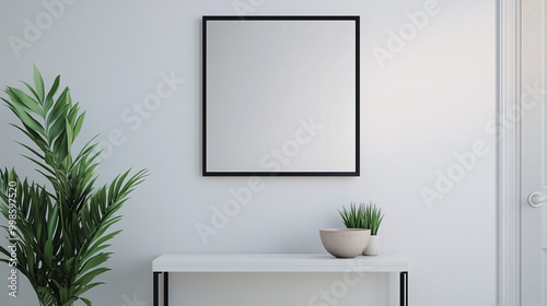 A minimalist entryway showcasing a square mirror with a black frame above a simple white console table. A small ceramic bowl sits on the table for a touch of elegance