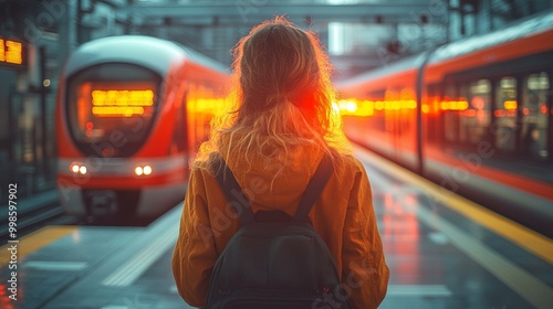 a Woman waiting for a sky train at a modern urban station, capturing the anticipation and urban setting.