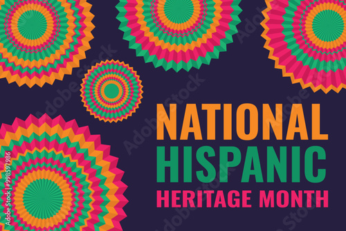 National Hispanic Heritage Month. Abstract design with colorful paper round fans and text.  Vector illustration.