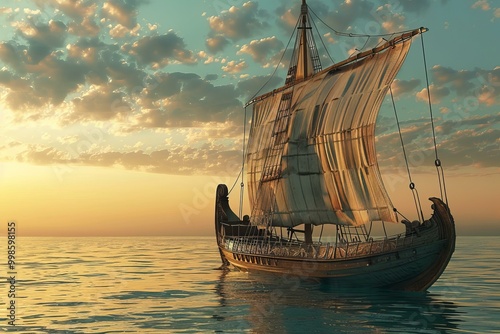 Ancient greek merchant ship is sailing on a calm sea at sunset with a cloudy sky in the background photo