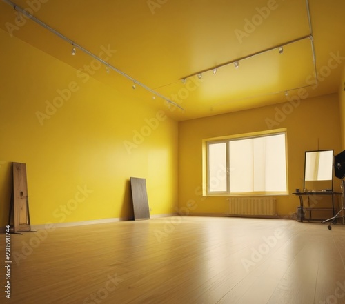 A bright yellow room with a wooden floor, featuring a large window, a desk, and a painting on the wall