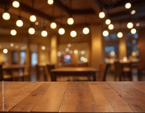 A wooden table in the foreground with a blurred background restaurant interior, featuring hanging lights and tables