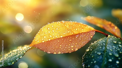 the Water drops sparkling in the sunlight on a leaf, showcasing the beauty and freshness of nature.
