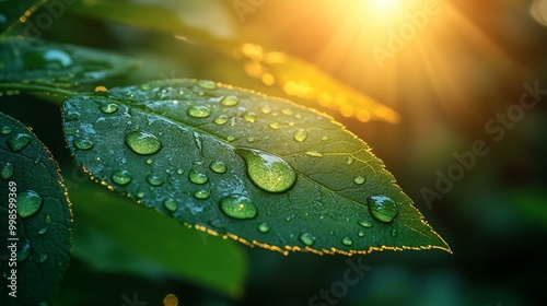 an Water drops sparkling in the sunlight on a leaf, showcasing the beauty and freshness of nature.