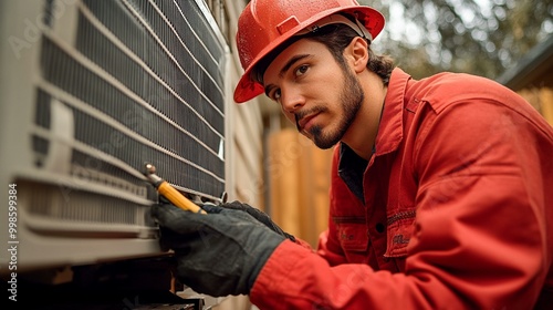 a Expert HVAC worker installing or repairing an air conditioner in a house, emphasizing technical skill and precision.