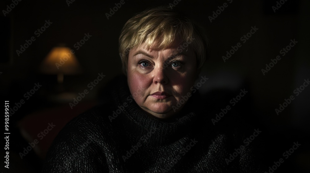 Fototapeta premium A contemplative woman in a dimly lit room, lost in thought during a quiet evening. Generative AI