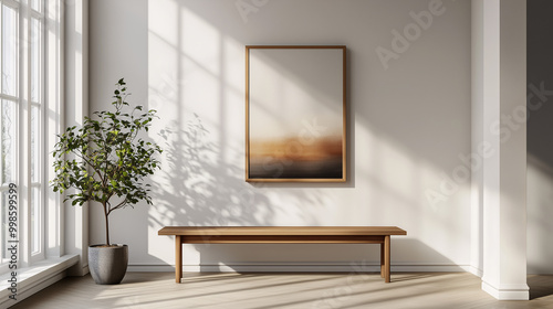 A minimalist entryway with a sleek wooden bench, a single modern artwork hanging on a white wall, and natural light streaming in through a nearby window
