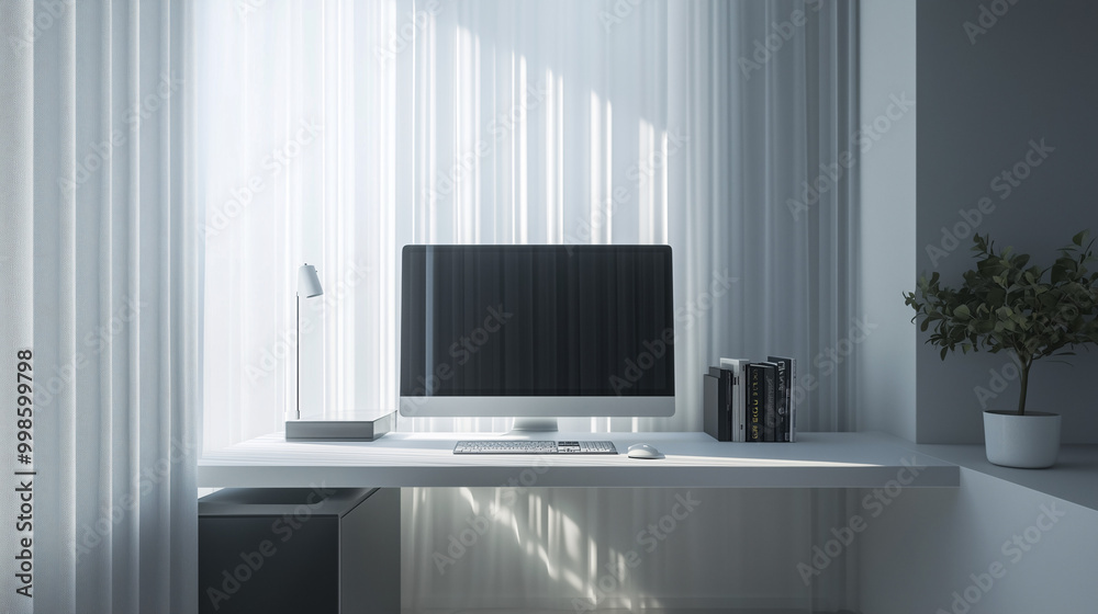A minimalist home office featuring a floating desk with a single monitor, wireless keyboard, and mouse. The space is uncluttered, with clean lines and light streaming in through sheer curtains