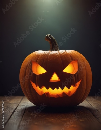 A carved pumpkin with a menacing face sits on a wooden surface, illuminated by a warm glow, against a dark background