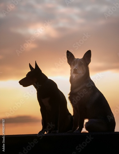 Silhouettes of two dogs sitting together with a beautiful orange sunset sky in the background, creating a peaceful scene.