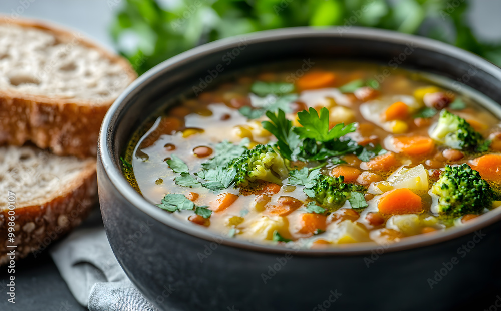 A close-up shot of a hearty vegetable soup served in a rustic bowl, featuring vibrant ingredients like carrots, broccoli, and lentils, garnished with fresh parsley. A close-up shot of a hearty vegetable soup served in a rustic bowl, featuring vibrant ingredients like carrots, broccoli, and lentils, garnished with fresh parsley.