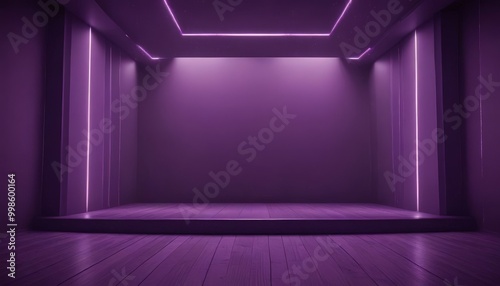 A dimly lit room with a wooden stage and purple lighting, creating a minimalist and modern aesthetic