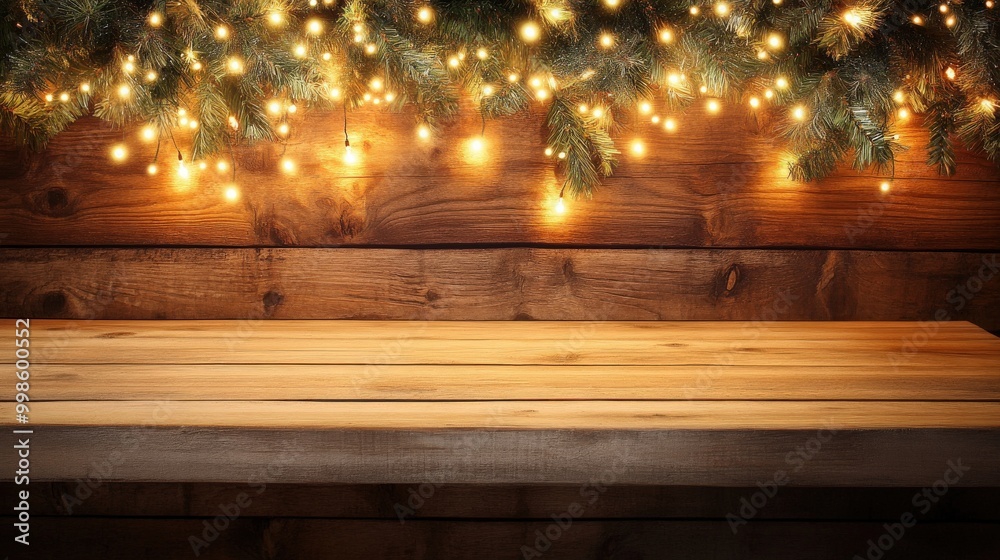 Charming wooden table highlighted by a backdrop of twinkling Christmas lights, perfect for holiday setups Charming wooden table highlighted by a backdrop of twinkling Christmas lights, perfect for holiday setups