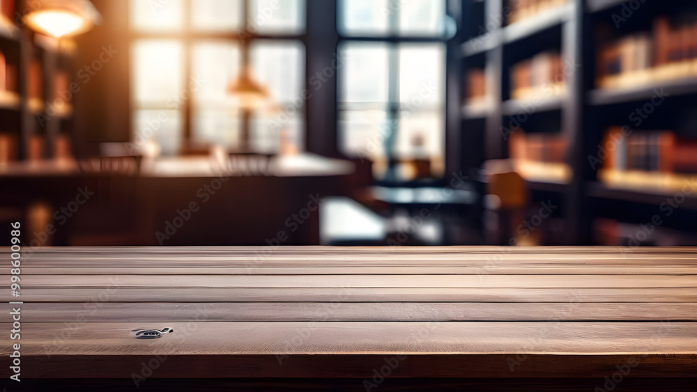 Empty wooden table with blurred library room background with books Empty wooden table with blurred library room background with books