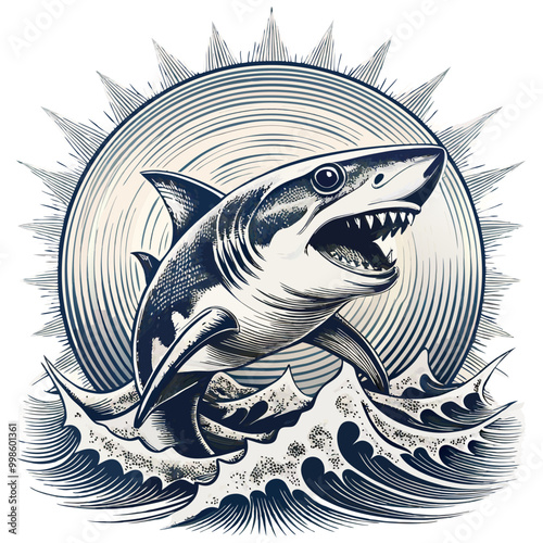 Fierce shark emerging from stylized ocean waves, perfect for dramatic marine life designs