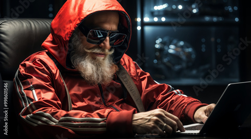 Modern Santa Claus wearing a red hooded jacket and sunglasses. He is in a gamer's chair sitting on a laptop. 