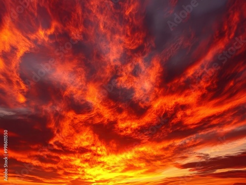 a fiery sunset sky ablaze with vibrant reds and oranges silhouetting abstract smoke tendrils and flamelike shapes against a dramatic wideformat horizon photo