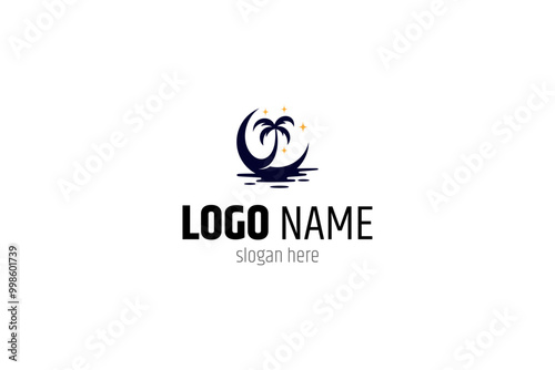 crescent moon logo with silhouette of coconut tree on the beach decorated with stars in flat design style