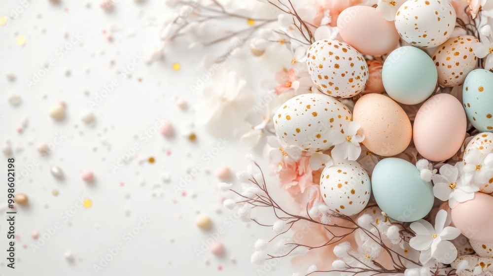 Fototapeta premium Decorative Easter eggs with floral accents on white background